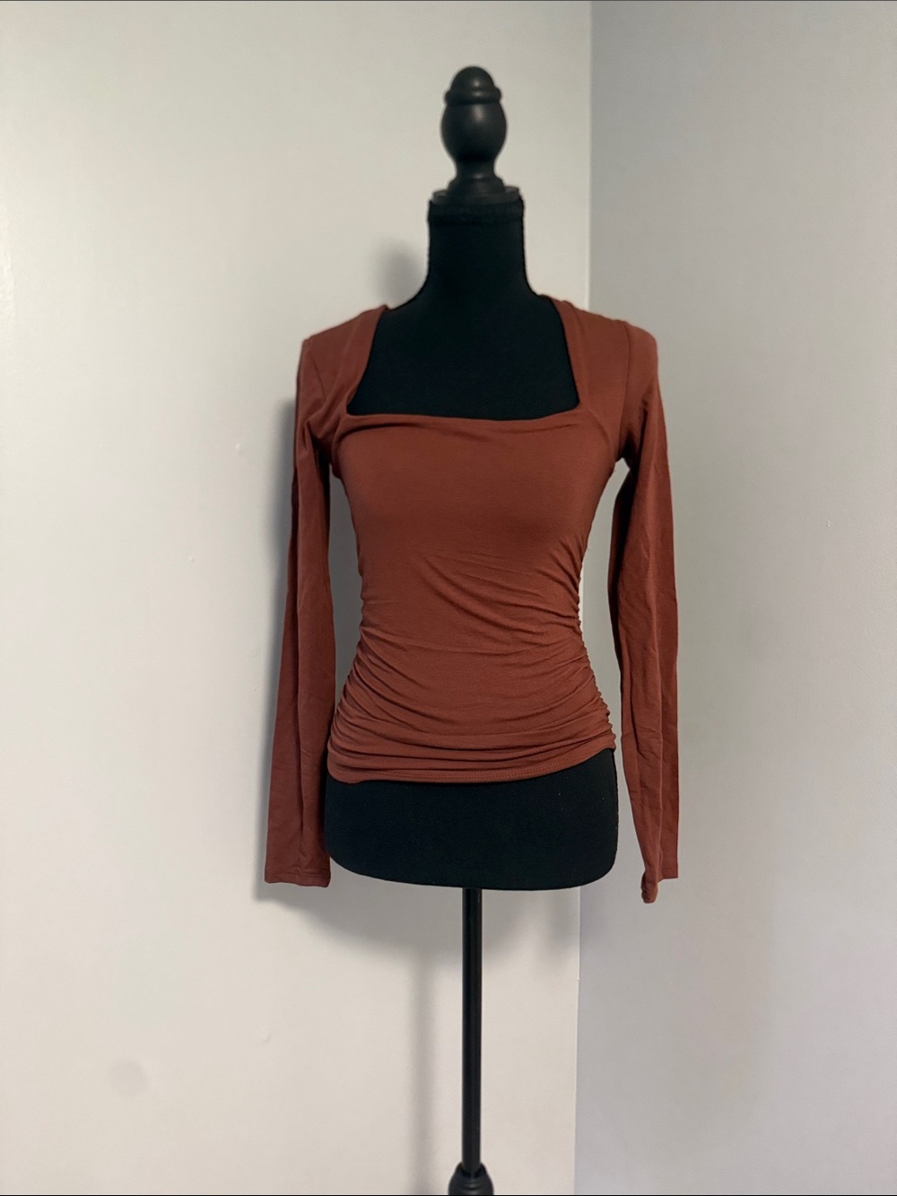 Pink Rose Square Neck Long Sleeve Top - Rust Brown